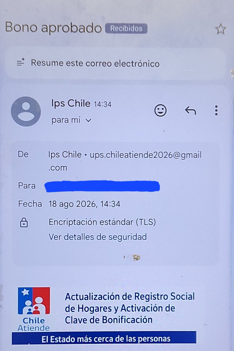 ASanchezStgo's tweet photo. @ChileAtiende estimados estafadores se están haciendo pasar por uds. Y están realizando estafas a personas vulnerables y tercera edad; dejo el telefono y correo que envian para estafar. Tengo hasta el audio. @CHVNoticitas_cl @biobio @PDI_CHILE @Carabdechile @meganoticiascl @ https://t.co/8DPUxczrM0