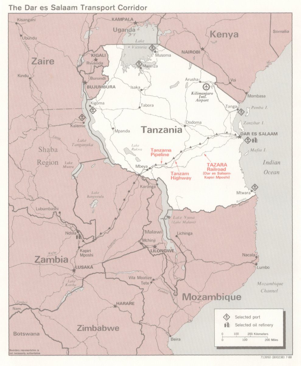 BrilliantMaps's tweet photo. Declassified 1988 Tanzania Transport Map Created By The CIA

This 1988 CIA map of the Tanzania highlights the Dar es Salaam transport corridor and its importance as a regional trade and transportation network in south-eastern Africa.

The map traces major infrastructure routes linking Tanzania’s Indian Ocean coast with inland countries including Zambia, Malawi, Mozambique, and parts of central Africa.

Key transportation systems are emphasized in red, including the TAZARA Railway connecting Dar es Salaam to Kapiri Mposhi in Zambia, the Tanzam Highway, and the Tanzama oil pipeline.

Ports, oil refineries, and selected transportation hubs are also marked, showing how goods and resources moved between the coast and the interior.

The map reflects the strategic importance of Dar es Salaam as one of East Africa’s major export and import gateways during the late Cold War.

For landlocked Zambia in particular, these transport links provided an alternative route to the sea that bypassed apartheid-era South Africa and conflict zones in southern Africa.

Neighbouring countries and regional connections are shown to place Tanzania within a wider political and economic network stretching across eastern and southern Africa. Railroads, highways, lakes, and border corridors demonstrate how geography shaped trade and regional cooperation.

Produced in 1988, the map illustrates how CIA cartography often focused on infrastructure and economic systems rather than just military concerns.

Transportation corridors like TAZARA had geopolitical significance because they influenced trade, regional alliances, energy supply, and foreign influence in Africa during the Cold War.

The map combines political boundaries with strategic infrastructure to provide a clear overview of how transportation connected the region.

More Declassified 1980s CIA Maps: https://t.co/W3fOKG0gof