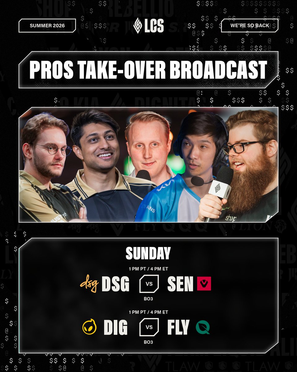 LCSOfficial's tweet photo. THEY'RE TAKING OVER 🗣️🗣️🗣️
THIS Sunday, the #LCS broadcast will be invading the analyst desk and the casting booth before their weekend in Mexico City 🇲🇽
Tune in as @Inspiredlol, @dhoklalol, @Zven, @Zeyzal, and @blaber give us their best analyst impressions as Disguised, Sentinels, Dignitas and FlyQuest duke it out before their bye week.