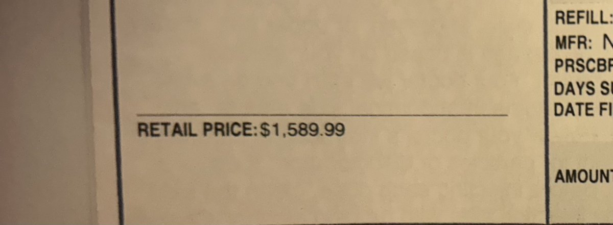 vargusz89's tweet photo. Rx prices are out of control. PBMs are so shady and corrupt…it’s a bullshit shell game they play with self-insured employers, and we all suffer the consequences. They’re milking my employer $19k/yr for one medication. Just one. Rebates be damned. This price is for one month of meds, and my copay is $35.