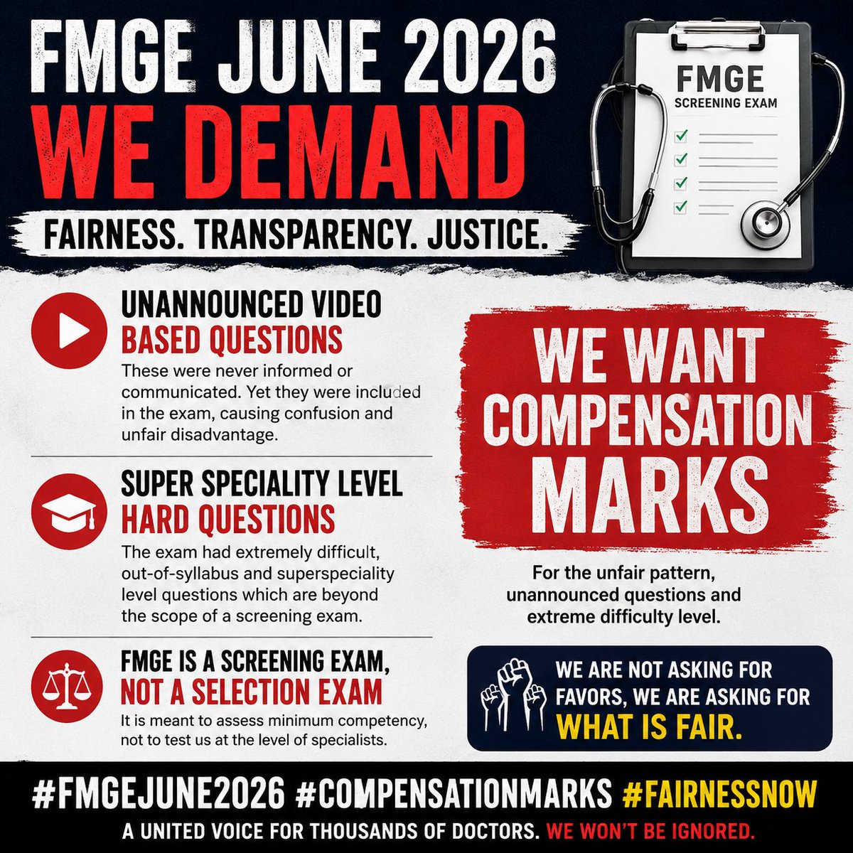 _dr_core_'s tweet photo. FMGE is a screening exam, not a super-speciality entrance exam. We are asking for fairness, transparency and accountability.
We demand appropriate compensation marks for FMGE June 2026.
#FMGEJune2026 #CompensationMarks #FMGE #FairnessNow #Transparency #NBEMS #fmge https://t.co/iih29MOaLX