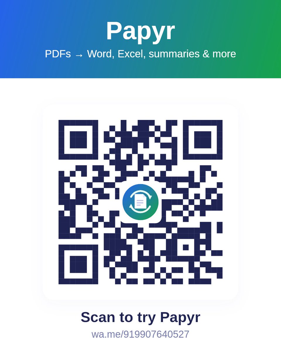 Gaurshub's tweet photo. @Joi2James I built Papyr 📄 — a WhatsApp bot for PDFs.
Send it a PDF, get back:
📝 a summary
📄 an editable Word file
📊 tables in Excel
🌐 a translation
🔍 OCR of scans
No app, no signup. Just WhatsApp. 
Free in beta 👇
https://t.co/5YVlEf7KLG https://t.co/num229MWpB