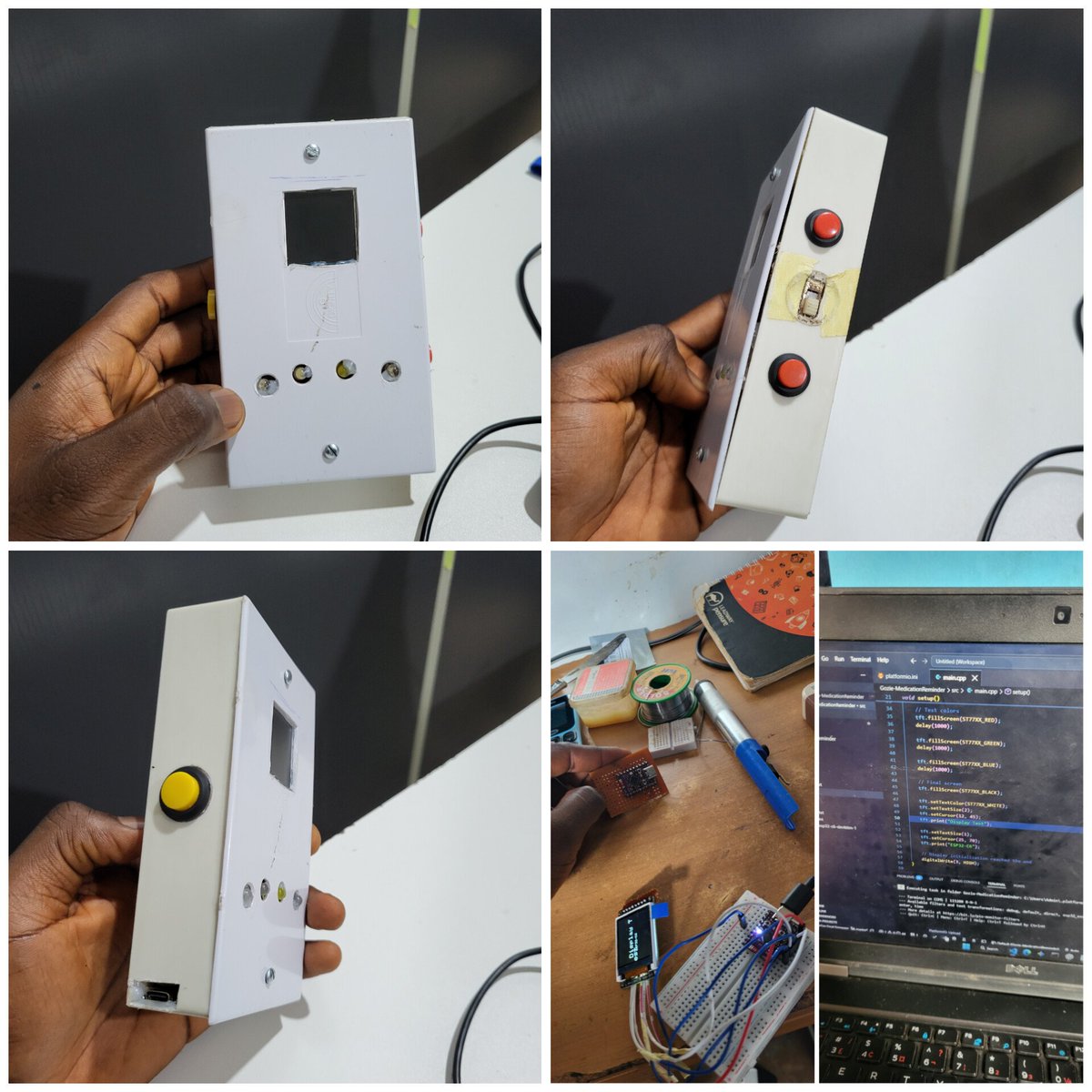 ifeditronics's tweet photo. I've just finished working on a Smart Medication Reminder System for a client, and this one has been a really interesting build.

The goal was simple...

Help users remember when to take their medication and how much to take.

But underneath that simple idea is a pretty interesting combination of hardware, firmware, BLE communication, and mobile development.

The device is built around an ESP32-C6 and features:

⏰ A real-time clock for medication scheduling
💊 Configurable medication time and dosage
🔊 A continuous alarm when it's time for medication
🌙 A built-in night light
📺 A 128×128 TFT display
🔘 Physical buttons for interacting with the device
📡 Bluetooth Low Energy for communication with the phone

And then there's the Flutter companion app 📱

The app allows the user to:

• Configure medication schedules
• Set dosage and AM/PM
• Connect to the device over BLE
• Synchronize the device's clock with the phone
• Manage device settings

I avoided usibt an rtc module. Once the phone synchronizes the time through BLE, the device can continue keeping time independently. Not sp good because it has to resync anytime I turn it on but it achieves what it was meant for.

I've also had to pay attention to the tiny details...

Button debounce so one press doesn't become two.

Flicker-free TFT updates.

A blinking clock colon without refreshing the entire screen.

A small animated hourglass for a bit of life on the standby screen.

And a mobile interface that actually feels like it belongs to a healthcare product.

It's funny how something that sounds as simple as "remind someone to take their medication" can turn into an entire embedded system.

#EmbeddedSystems #HardwareEngineering #ESP32 #Flutter #BLE #IoT #Electronics #MedTech #ProductDevelopment #HardwareDevelopment 

Im sure you noticed i used ai for this post.
No vex, I woke up with too much energy 🙃