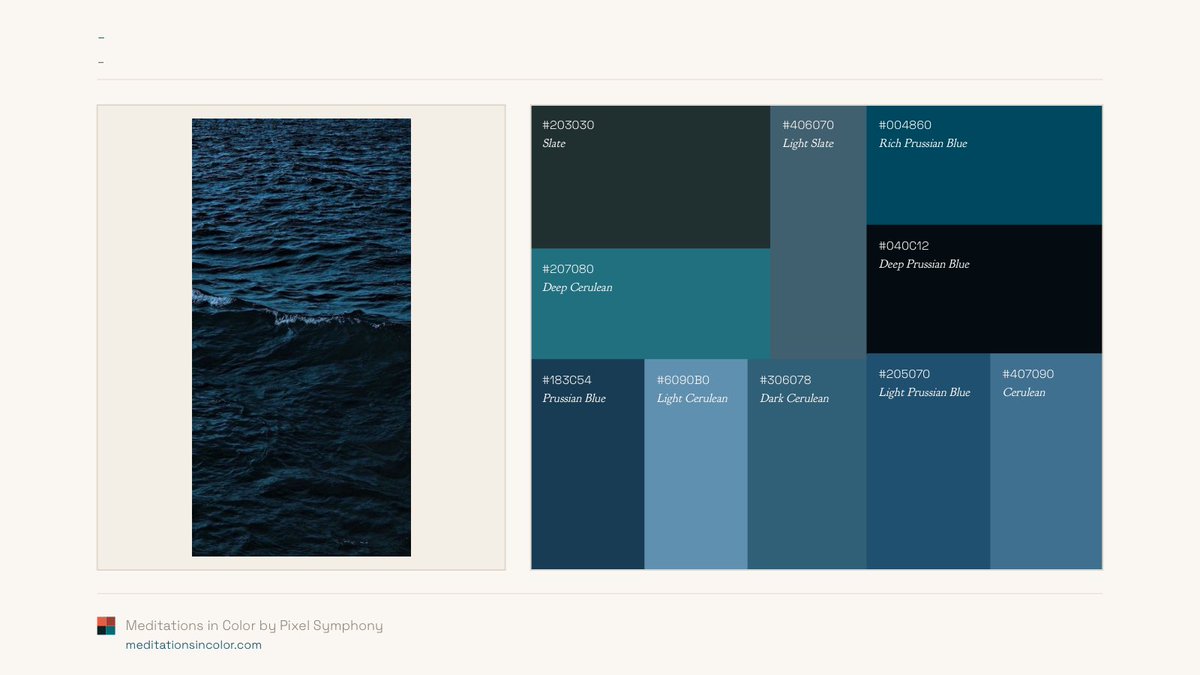 MeditateColor's tweet photo. The sea isn’t blue simply because it reflects the sky. Water itself absorbs longer red wavelengths more strongly, leaving blue to travel farther. Depth amplifies the effect, turning one ocean into a whole spectrum of cobalt, Prussian blue, teal and midnight. https://t.co/L0IFm8NkFg