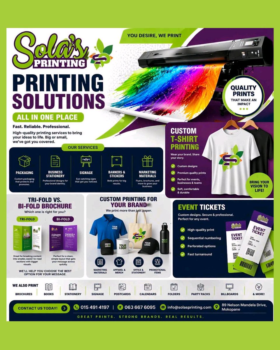 Pages_Potties's tweet photo. Mokopane, bring your ideas to life with Sola’s Printing! From custom T-shirts to premium business stationery, they’ve got you covered with top-tier quality.
📍89 Nelson Mandela Drive, Mokopane. Call 015 491 4197. #SolasPrinting #PrintingSolutions #Mokopane https://t.co/JBbxjcquXL
