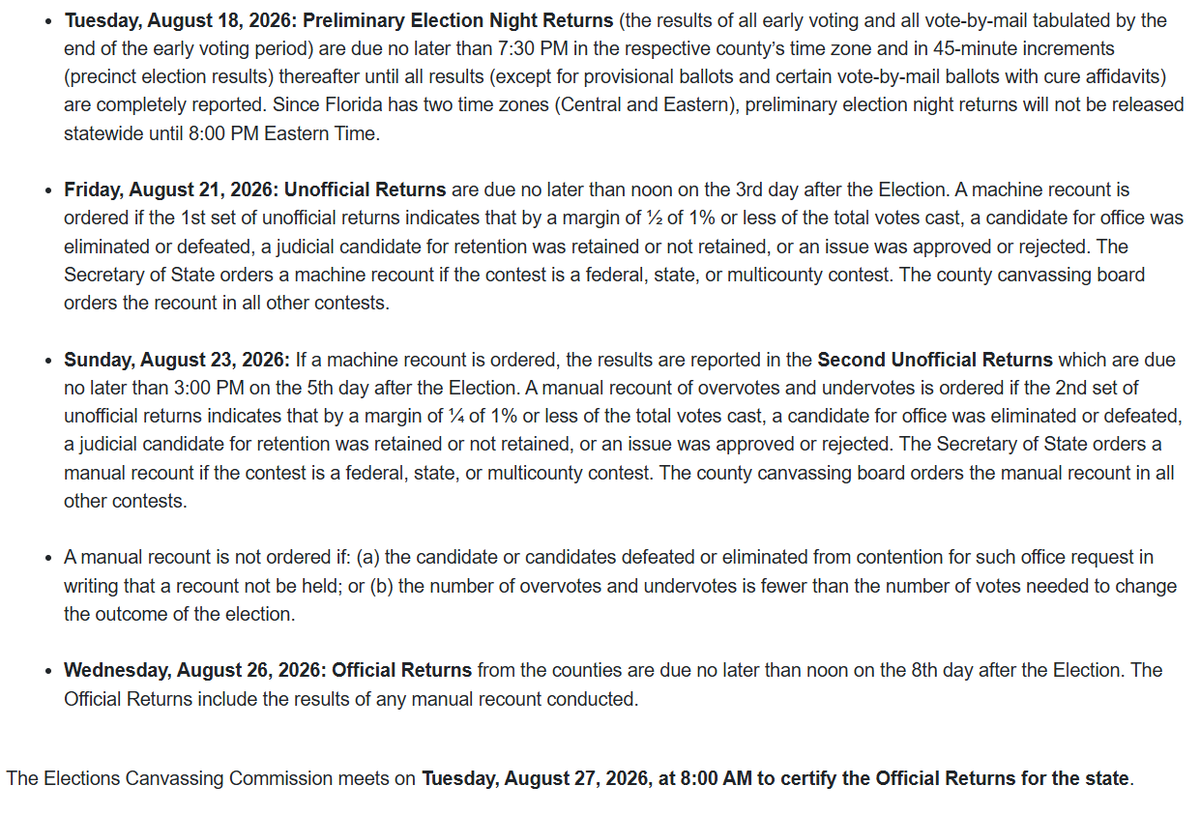 sdonelan's tweet photo. @ElectionBabe Election calls by the media are not official results.

Florida's August 19th primary election results won't be official until Thursday, August 27, 2026. https://t.co/wcQ7QZXEfx https://t.co/SYvytOxkIJ