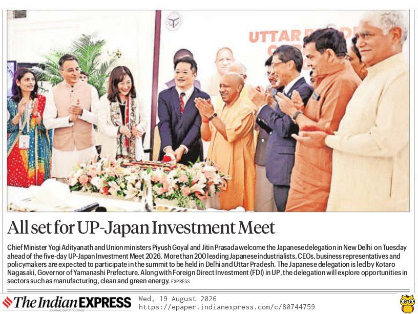 _InvestUP's tweet photo. Hon'ble Union Commerce & Industry Minister Shri Piyush Goyal and Hon'ble Chief Minister of Uttar Pradesh Yogi Adityanath ji welcomed Hon'ble Governor of Yamanashi Prefecture Shri Kotaro Nagasaki in New Delhi for the UP–Japan Investment Meet 2026. The five-day programme, organised by Invest UP from August 19–23, will cover New Delhi, Lucknow, Agra, Greater Noida and Varanasi. The delegation, led by Hon'ble Governor Shri Kotaro Nagasaki, comprises 200+ Japanese CEOs, business leaders and policymakers. The programme aims to translate Japan’s growing interest in Uttar Pradesh into tangible investments, technology partnerships, manufacturing projects and employment opportunities, with a focus on manufacturing, automobiles, semiconductors, green energy, digital infrastructure, skill development and tourism. Hon'ble CM Yogi Adityanath ji highlighted Uttar Pradesh’s world-class infrastructure, skilled workforce and investment-friendly policies as a strong foundation for Japanese companies to invest and expand in the state.

For more details, read the attached news article.

#UttarPradesh #InvestUP #Japan #UPJapanInvestmentMeet2026 #Manufacturing #Semiconductors #GreenEnergy #Technology #SkillDevelopment #Tourism

@FollowCII @IndiaESA @yamanashipref @kotaro_nagasaki  @phdchamber @ASSOCHAM4India @NandiGuptaBJP @investindia @nasscom @ficci_india @CMOfficeUP @UPGovt #ThinkBigThinkUP @IndianEmbTokyo @JapaninIndia