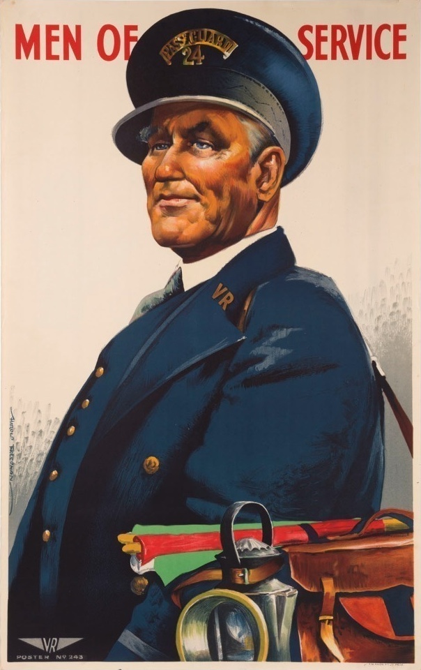 AUSNIAN's tweet photo. Victorian Railways posters from 1947 by Harold Freedman 🇦🇺🚂

"Men of service" (Signal man, driver &amp; fireman, locomotive designer, guard) https://t.co/QdvbHFj9d1