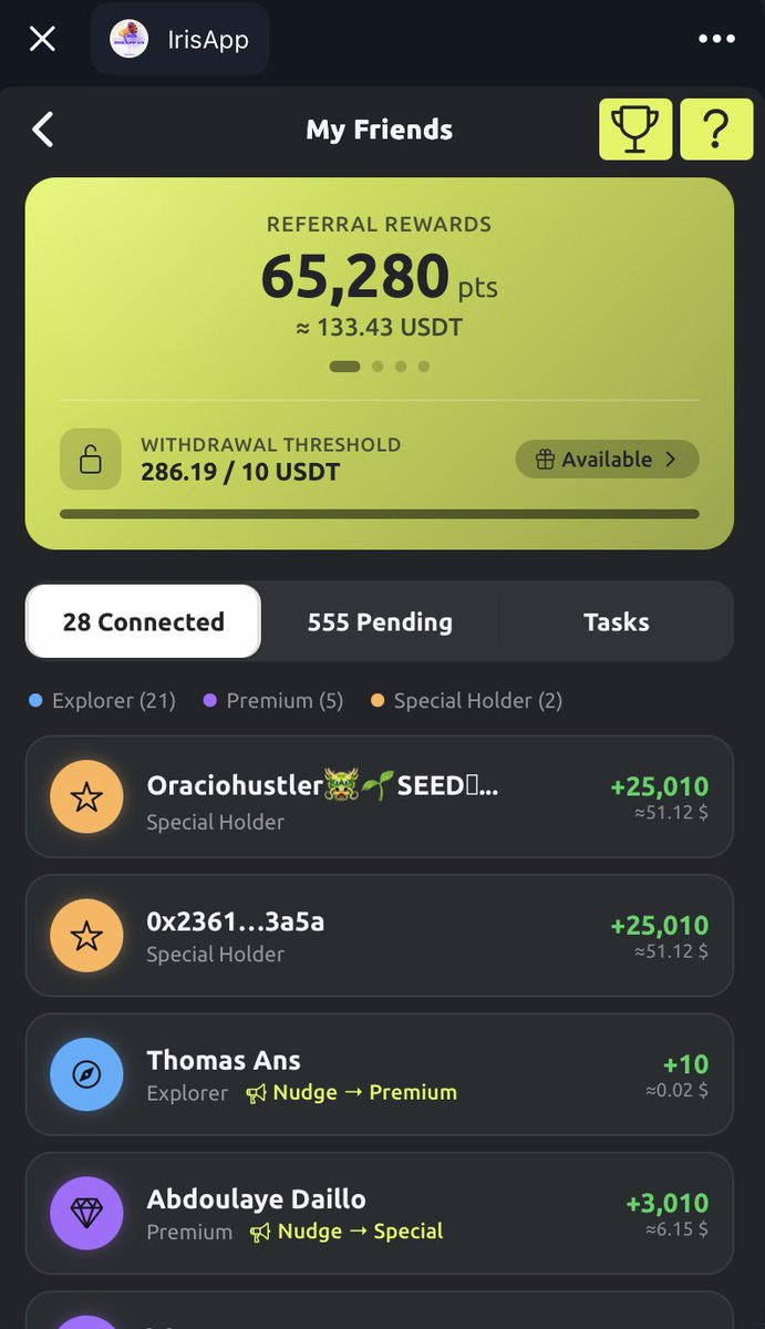 Iris_token's tweet photo. The Reward feature has been redesigned and simplified to make it easier to use.

From now on, everyone in the community can invite their friends to discover IrisApp and earn rewards for doing so.

Here are the main changes:

💰 Rewards can be withdrawn starting Friday, depending on the outcome of the DAO vote.

👥 Tracking your friends is now easier. You can follow their progress through the ecosystem and encourage them to reach the next step using predefined, personalized messages.

🛡️ Spam and bot protection. When you invite a friend, you only receive the points once they connect their wallet. This helps verify that they are a real user and not a bot.

🚀 Boosters are now available. You get 4 Boosters per month. A Booster increases your rewards when you invite a friend.

For example, you invite your friend Paul using a Booster:

Task completed within 72 hours → ×1.5 reward
Within 48 hours → ×1.8 reward
Within 24 hours → ×2 reward
You can use only one Booster per friend.
More details will be provided soon.

For now, Boosters are available in Beta for a limited number of tasks. After receiving your feedback and analyzing the results, we will gradually apply them to all tasks.

Invite. Support. Earn. 🚀
