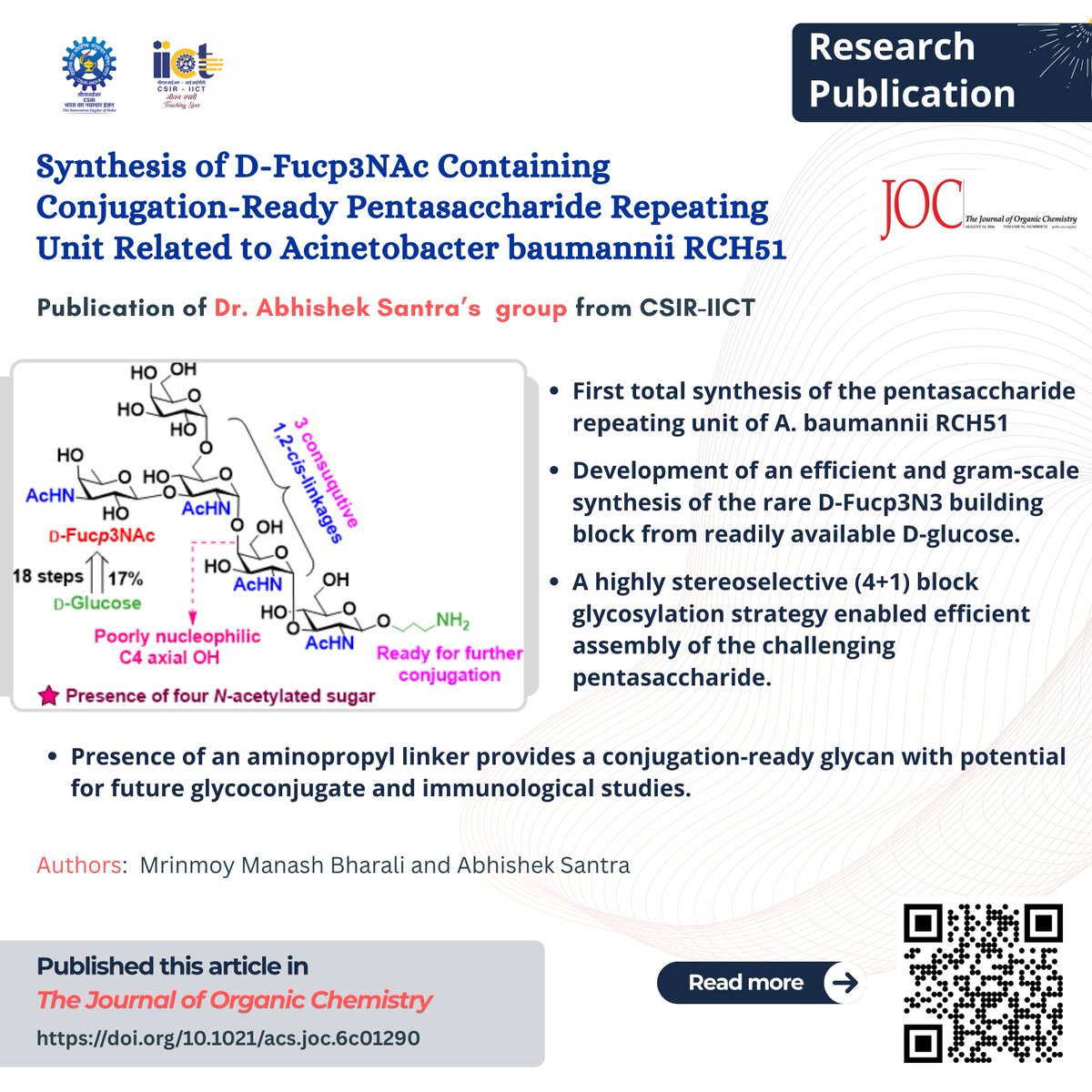 csiriict's tweet photo. Recent publication on Synthesis of D-Fucp3NAc Containing Conjugation-Ready Pentasaccharide Repeating Unit Related to Acinetobacter baumannii RCH51 by Dr. Abhishek Santra’s group from #CSIRIICT.

@CSIR_IND @IndiaDST 

#Glycochemistry #totalsynthesis #AcinetobacterBaumannii https://t.co/L5r5LAyiLz