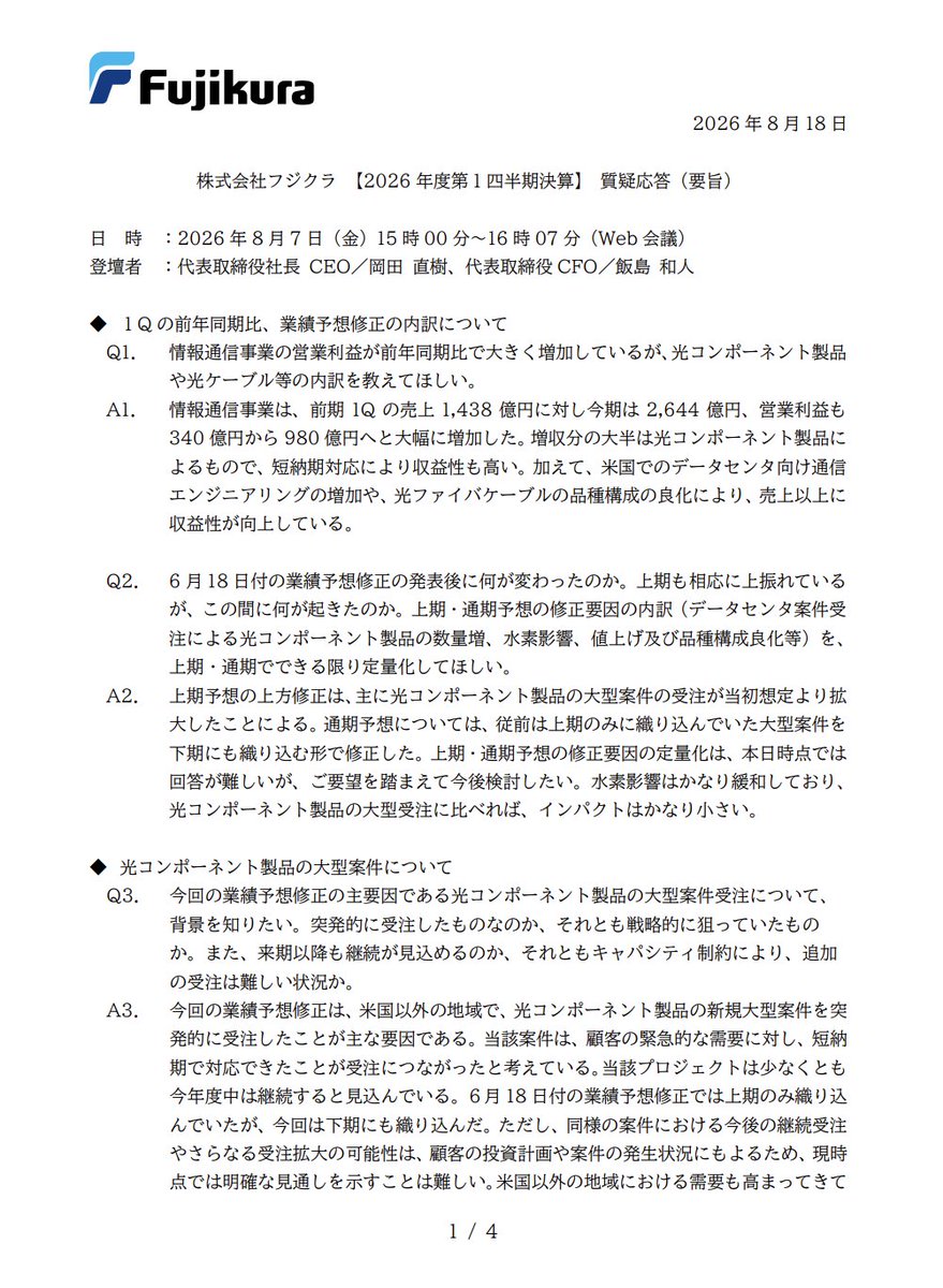 percell100's tweet photo. フジクラ第1四半期　質疑応答まとめ

株主の質問①「情報通信事業の1Q利益がバグレベルで跳ねているが（340億→980億）、6月の業績予想修正から何が起きたのか？」
経営陣「想定外の光コンポーネント大型案件が膨らみ、下期まで確変が継続することになった。顧客が緊急で欲しがったため、短納期を盾に超高収益な価格設定を飲ませたのがデカい。水素影響なんてこれに比べれば誤差だ。」

株主の質問②「その大型案件は戦略的か、突発的か？データセンタ案件で突発は珍しいが事情は？来期もワンチャン継続するのか？」
経営陣「ぶっちゃけ米国以外での完全なラッキーパンチによる突発受注だ。今年度中は続くが、来期の継続や下期の新規受注の確約はないため、過度な期待はしないでほしい。顧客の裏事情は機密情報なので黙秘する。」

株主の質問③「『米国以外』ってモロにアジアの増収分だし、値上げも相当エグいことやっていないか？」
経営陣「機密情報なので明言は避けるが、アジアの増収幅から察してほしい。米国関税も回避できてウハウハだ。足元を見れる一部の顧客には、同じ製品で25%の強気な値上げを飲ませてやった。」

株主の質問④「光コンポの生産体制や在庫はどう回している？いつからコンポ製品を狙っていたのか？」
経営陣「生産は国内ではなく世界各地の拠点をフル活用している。光ファイバの新工場は立ち上げに時間がかかるため、昨年から『少ないファイバで稼げる』コンポーネント製品の拡販へ戦略的にシフトしたのが見事に当たった。」

【小まとめ】 光ファイバの供給不足と顧客の「価格度外視の短納期・緊急需要」に付け込み、25%の値上げや関税回避ルートで利益を荒稼ぎする圧倒的な売り手市場をエンジョイ中。ファイバ不足を逆手に取ったコンポ特化戦略の嗅覚はエグい。

株主の質問⑤「ファイバの外部調達環境は？米国新工場や光コネクタ増産の進捗はどうなっている？」
経営陣「世界のファイバ価格は上昇中で需給はバチバチに逼迫している。佐倉工場は限界フル稼働中で、米国新工場は6月に準備会社（LLC）を作って今更ロケーションを探している段階だ。当面は外部調達という綱渡りで凌ぎつつ、少額投資でサクッと増産できるコンポ製品でトップラインを稼ぐ。」

株主の質問⑥「短納期対応だけで超過収益を維持できるのか？中期経営計画の上方修正は出さないのか？」
経営陣「ウチの強みは技術力だけでなく、ケーブルから通信エンジまで『丸投げOK』のフルセットを提供し、工期を短縮できることだ。今は顧客が価格より納期を優先しているから勝てている。ただし今はプロジェクト特需の側面が強いので、中計の上方修正みたいなポジトークは避けて一旦お茶を濁させてほしい。」

株主の質問⑦「持分法投資利益が跳ねているのは、US Conecのおかげか？」
経営陣「ご推察の通り、フェルール需要が爆発しておりUS Conecが絶好調なため、ウチの利益も勝手に底上げされている。」

【総括】 企業の本音のスタンス 自社のファイバ製造キャパシティ不足という弱点を、「外部調達」と「利益率の高いコンポ製品へのシフト」で見事にカバーしている。顧客の焦燥感（短納期要求）を極限までキャッシュに換える、したたかで狡猾な経営を実践中である。来期以降の不確実性には不用意なコミットを避け、徹底したリアリストの姿勢を崩さない。

【結論】 足元のデータセンタ特需という確変モードにおいて、顧客に25%の強烈な値上げを飲ませ、米国関税を回避し、持分法でもきっちり稼ぐという「全方位で隙なく利益を吸い上げる収益化のバケモノ」と化している。中計を安易にいじらない保守性も、ダウンサイドリスクを的確にコントロールしている証左として高く評価できる。投資家は彼らの「逃げ腰な口調」の裏にある圧倒的な価格決定力と見事な戦略的ピボットを賞賛し、この利益の波に黙って乗るべき、非常に優秀な企業です。