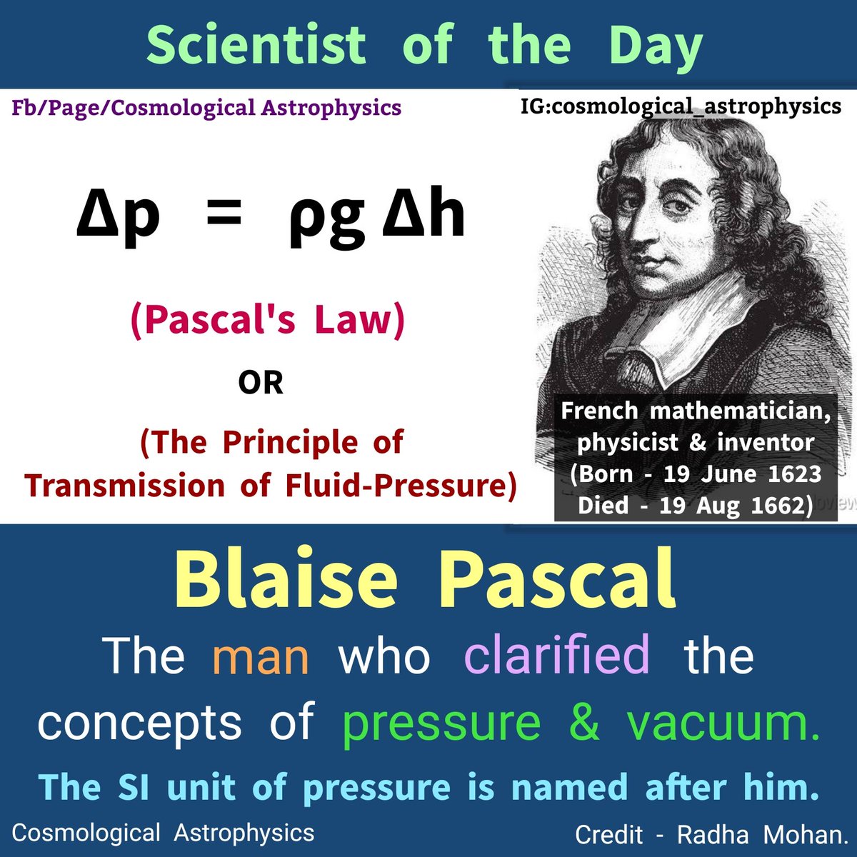 CosmoAstrophy's tweet photo. Today is Aug 19.
It's death anniversary of #BlaisePascal
Pascal was a child prodigy. He made contributions to mathematics &physics. In mathematics, you might recognize his name in Pascal's triangle. Further, he laid the foundation for the modern theory of probabilities. https://t.co/ZtSGZqXdp4