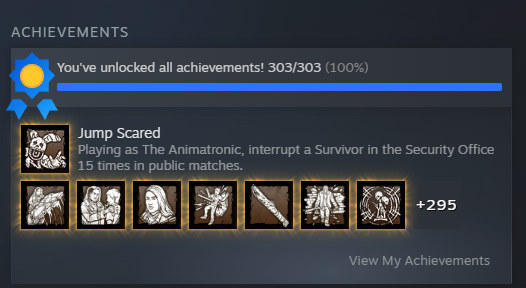goobersweber's tweet photo. it may be only for a while, but dead by daylight is 100% complete on steam. I feel nothing https://t.co/pVoq4jvAUs