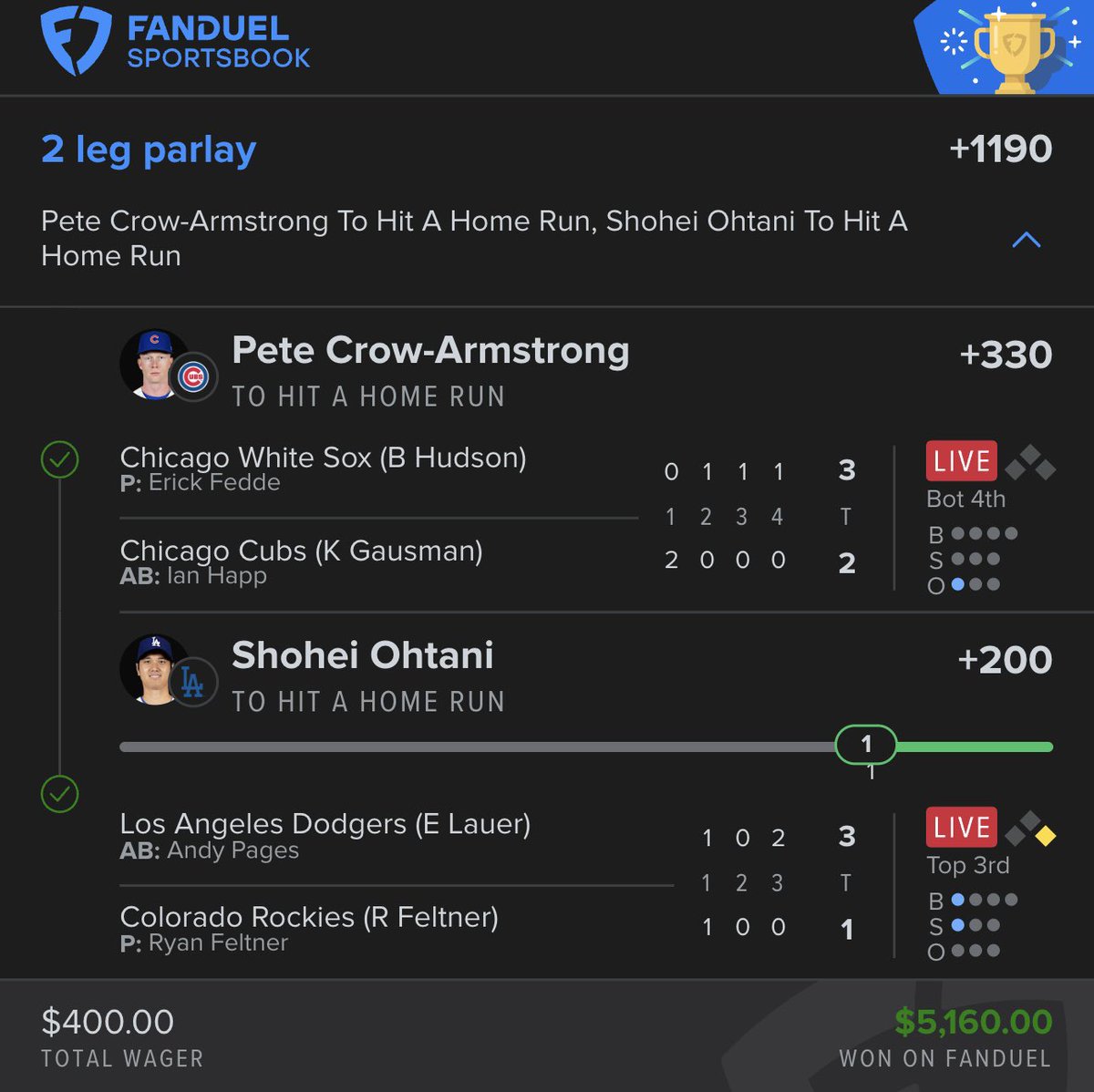 AllInAbe's tweet photo. cash our fifth homer parlay in five days https://t.co/Hg0fdO6Aj2