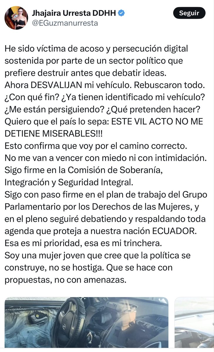 Jelizackie's tweet photo. ¿Esto es en serio? 😒

Asambleísta, la delincuencia común está haciendo festines desde que el gobierno que usted ahora apoya finge dar seguridad al país. No puede ser tan irresponsable y señalar a lo bobo, con tal de seguir la narrativa preelectoral.

No se use como víctima. https://t.co/vE4ntSjLyO