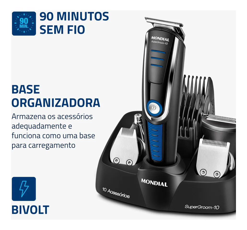 yongjee87's tweet photo. ✂️ Mondial Super Groom 10 BG-03: praticidade em um só aparelho!

🔹 Lâminas em aço inox
🔹 Pentes de 3 a 12mm + ajuste
🔹 Até 90 min de uso sem fio
🔹 Bivolt
🔹 Base organizadora
🛒 Confira o produto: https://t.co/TfRzd1Pkvy
#AparadorDePelos #Mondial #SuperGroom #AparadorDeBarba https://t.co/f1ZTX3s68b
