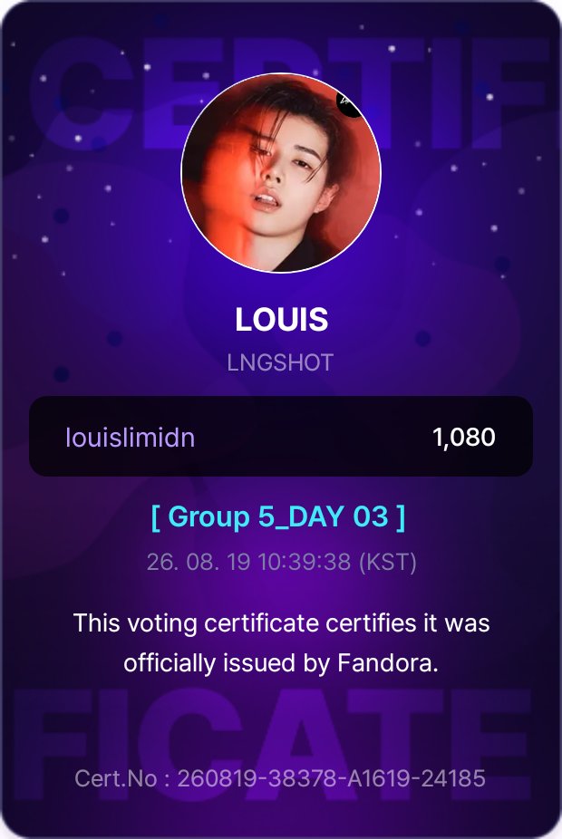 limlouis_idn's tweet photo. 260819 ㅡ [FANDORA] August Fan Challenge GROUP5

🗓 8/31, 11PM KST (D-13) 
🎁 Hongdae Entrance Station Digital Signage No.2 Large LED Screen (7 days)

Jangan lupa untuk vote louis hari ini yaa🥺💝 ayo kita menangin pre-vote sampe tgl 31 biar bisa masuk final round😉✨

#LNGSHOT #롱샷 #LOUIS #루이
@LNGSHOT4sho
