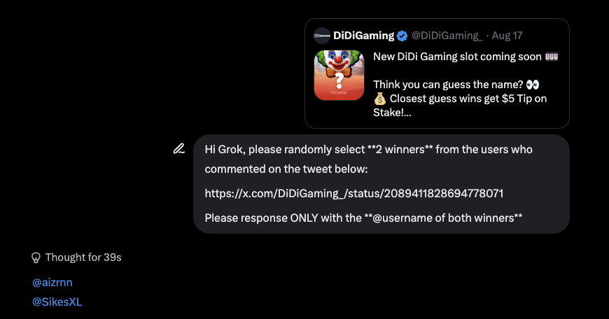 DiDiGaming_'s tweet photo. 🎉 Winners selected!

Congratulations to:
@aizrnn
@SikesXL 
Please check your Stake Accounts 🤑

You’ve won our second-ever giveaway! Many more to come 👀

P.S. If anyone knows a better or easier way to randomly pick giveaway winners, let us know! https://t.co/PLw5jFH1X4
