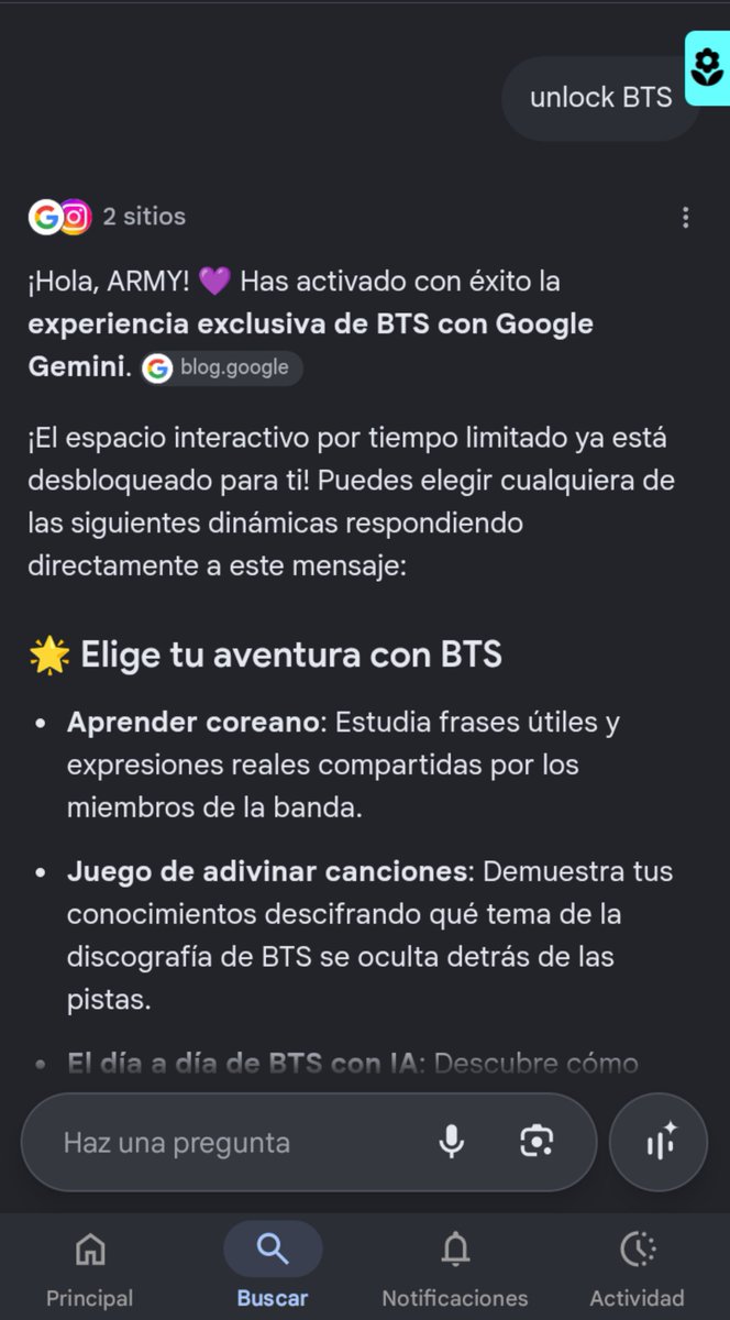 luminnielvs_7's tweet photo. Si abren Gemini y escriben "unlock BTS" o "7777" y presionan enviar, se les desbloquea una experiencia exclusiva con los tannies 🥹. Esto es realmente increíble y lindo 💜

BTS X GOOGLE GEMINI
#BTSxGoogleGemini https://t.co/A9iYyj6slP