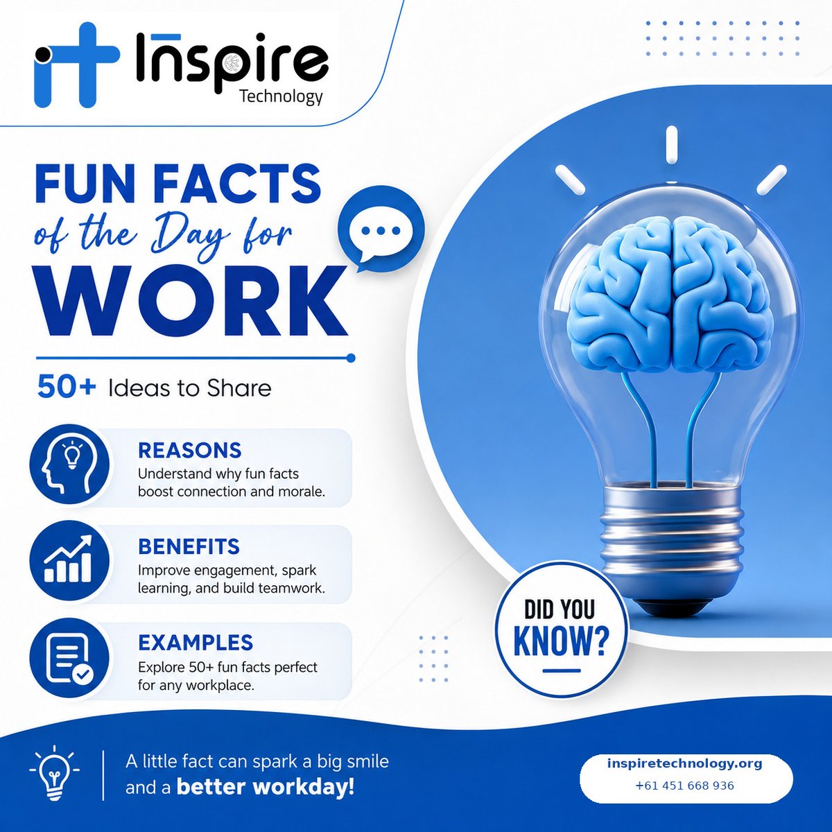 InspireTechWTNW's tweet photo. 💡 Fun Fact of the Day!

A little fun fact can spark curiosity, boost team connection, and make the workday brighter. ✨

Learn. Share. Smile. Grow together.

#FunFacts #WorkplaceCulture #TeamEngagement #InspireTechnology https://t.co/n2mVzZgYd8