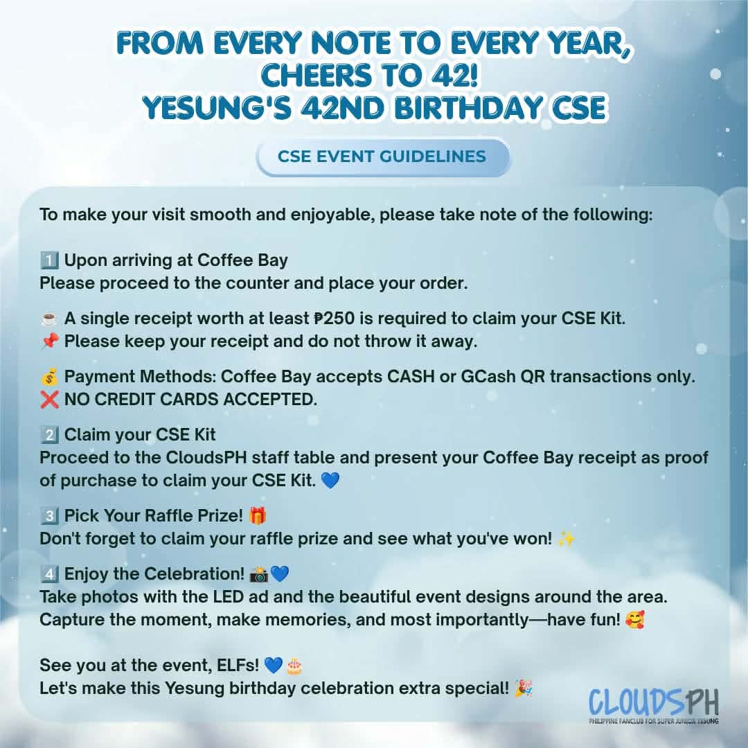 CloudsPH's tweet photo. 🎂💙 IT’S HAPPENING, ELFs! 💙🎂

Yesung’s birthday is almost here! 🥳✨ The wait is finally over, and we’re ready to celebrate with you!
Come and join us as we celebrate our beloved Yesung’s special day! 💙🎉

Let’s make it a day filled with fun, memories, and lots of Yesung love! 🫶💙

📍 Coffee Bay, Ayala Malls Manila Bay
📅 August 23, 2026 10:00am - 1:30pm

See you there, ELFs! 💙🎂✨
#HappyYesungDay2026
#YESUNG #YesungBirthday #SuperJunior #ELF #cloudsphprojects