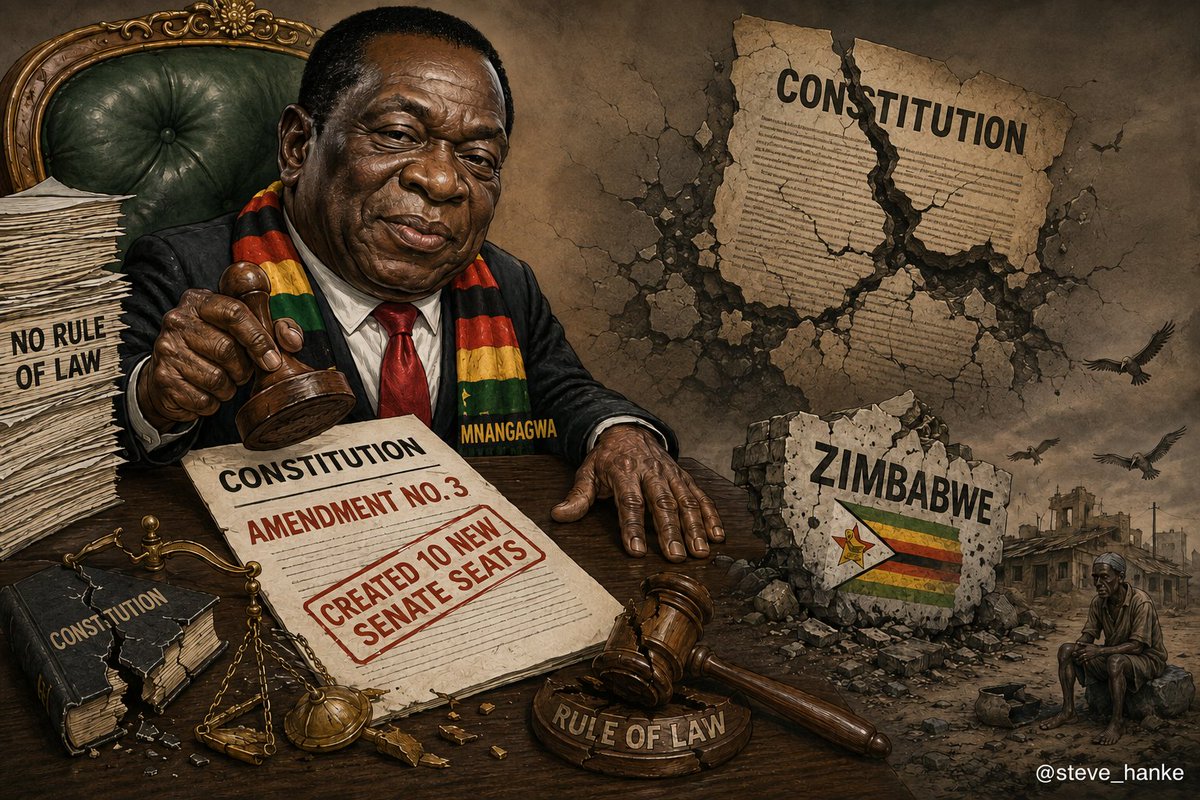 steve_hanke's tweet photo. #ZimbabweWatch🇿🇼: Pres. Mnangagwa just appointed 10 senators to seats that didn't exist last month.
Mnangagwa created the Senatorial seats himself via Constitutional Amendment No. 3.
ZIM = NO RULE OF LAW = 3RD WORLD. https://t.co/zVwFwn8uV6
