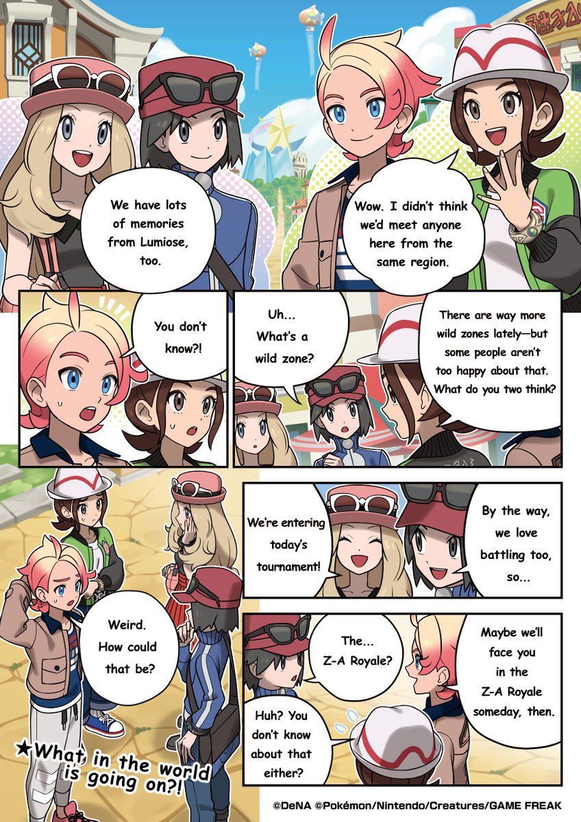 soulsilverart's tweet photo. Pokémon Masters comic strips! 💥

I love that they started doing this and translating them into English.

But I mostly love it cause my Johto babies are here! Look at how much Nemona loves Gatr. 🩵

They feature the Rust Syndicate ladder and kinda suggest that ZA isn’t a sequel to any version of XY that we played? 😂