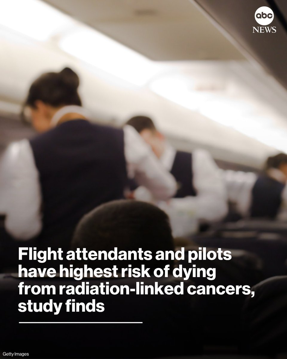 ABC's tweet photo. Flight attendants and pilots are at the highest risk of dying from radiation-related cancers — even more than people who work with radioactive materials, according to a new study.

Read more: https://t.co/QCX2ByUhrB https://t.co/xmFWJJ1qRL