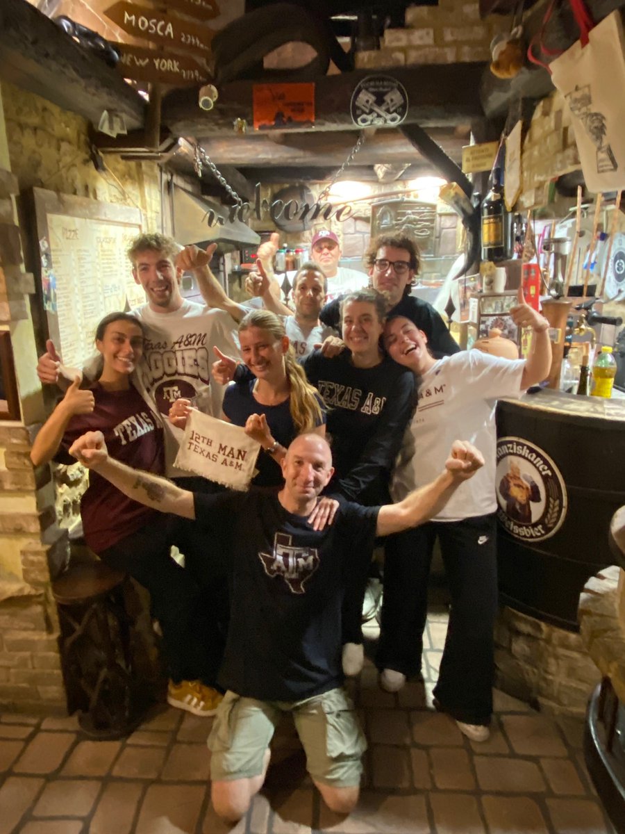 aggieonair's tweet photo. Aggies worldwide! 👍🇮🇹

Every season, we have a group in Volterra, Italy that listens to Texas A&amp;M football games at La Mangiatoia Pizzeria. Ryan Price ('92) has made it tradition &amp; some members met tonight to plan for the season.

This is what they'd call Buon Toro! #GigEm https://t.co/zoqvh6Rqcb