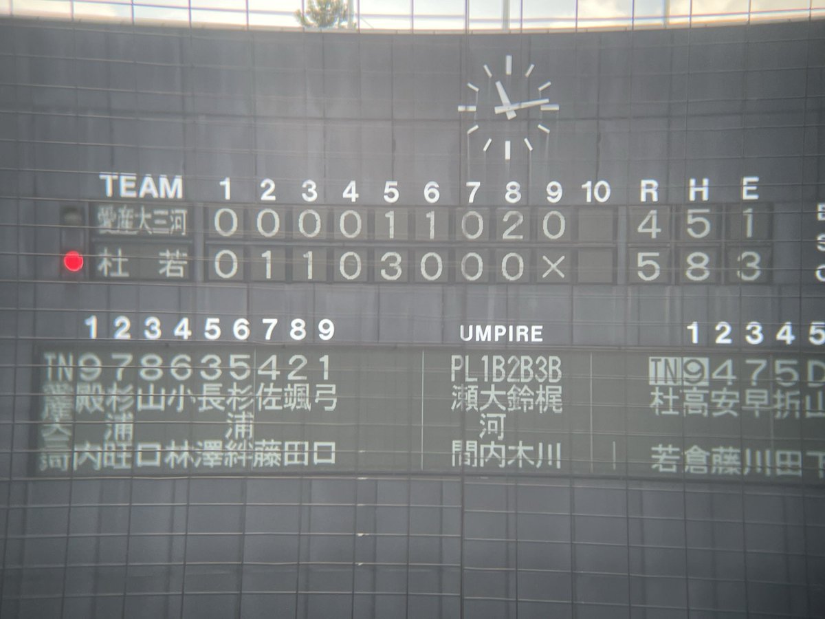 TKP1643972's tweet photo. 🏟️豊田市運動公園野球場🏟️
⚾️第一試合　試合終了⚾️
愛産大三河4-5杜若
愛産三)長井⑱・竹村⑩・△原田⑪・弓口⑮-荻野、颯田
杜　若)松井⑩・舟津①-野田
本)山下(杜若)
三)安藤(杜若)

杜若が追い上げる愛産大三河を振り切り勝利しました。

両校お疲れ様でした。 https://t.co/R5sqmq9b1T