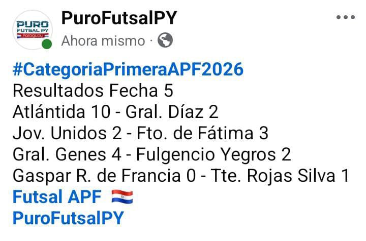 purofutsal_py's tweet photo. #CategoriaPrimeraAPF2026
Resultados 
Fecha 5 https://t.co/0SsfOLsTua
