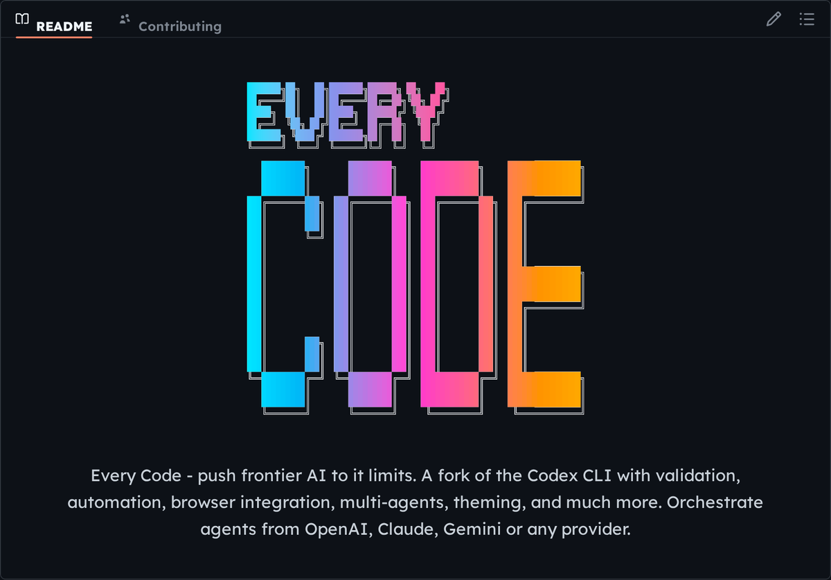 Every Code README screenshot highlighting Auto Review and long-session automation around the Codex fork