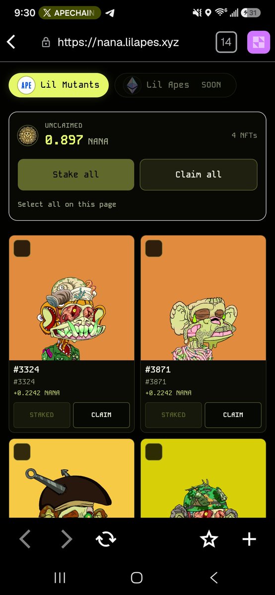 Bern3865's tweet photo. Got some of my @LilMutants staked on ape chain now as well earning $NANA token

https://t.co/qY7out8oR8 https://t.co/0NgkmRIgmQ