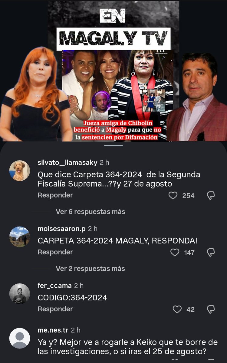 JHONN_FW's tweet photo. En las redes de MagalyTVLaFirme casi nadie habla de su ampay a Curwen; solo le recuerdan la carpeta 364-2024 donde está siendo investigada por tráfico de influencias junto con su esposo y la expresidenta de la Corte Superior, María Vidal. Tienen que declarar este 25 de agosto👀 https://t.co/fx5RhCt9WM