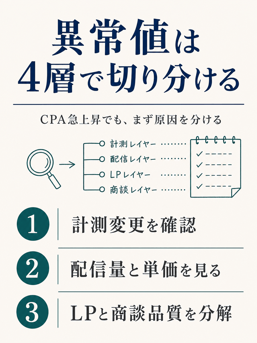 ForRyuri's tweet photo. CPAが急上昇すると、すぐ入札や予算を変えたくなります。ですが、症状に先回りすると原因を隠します。

結論は、計測変更・配信・訴求やLP・商談品質の4層に分けてから判断すること。各項目に担当と期限を置けば、前週比の報告が次の打ち手に変わります。

最初に見るべきは、計測変更の層です。 https://t.co/ePydaf1tfB