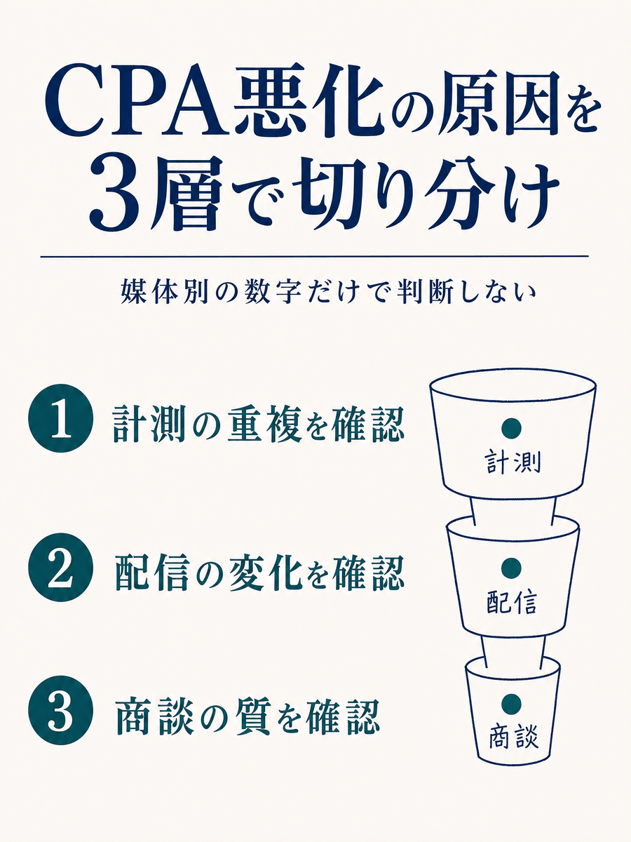 ForRyuri's tweet photo. CPAが悪化すると、媒体別の数字だけを見て入札変更や停止を急ぎがちです。

結論は、原因を「計測・配信・商談」の3層に分けてから判断すること。前月差をどの層の変化かに割り当て、次の確認担当と期限までレポートに残します。

CPA悪化時に最初に見るべきは、計測の層です。 https://t.co/Bs4Bm2sPQS