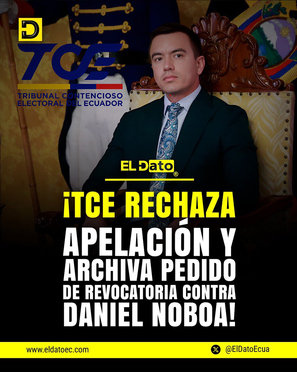 ElDatoEcua's tweet photo. #Urgente ¡TCE RECHAZA APELACIÓN Y ARCHIVA PEDIDO DE REVOCATORIA CONTRA DANIEL NOBOA!

El proceso de revocatoria de mandato de Daniel Noboa ya no podrá continuar. El Tribunal Contencioso Electoral (TCE) negó el recurso de apelación presentado por los promotores de la revocatoria y dispuso el archivo de la causa.

Leonidas Iza y Washington Andrade, quienes impulsaban la revocatoria, buscaban que el CNE entregue los formularios para iniciar la recolección de firmas. Sin embargo, estos no fueron entregados debido a que no se presentaron pruebas suficientes para sustentar el caso.

#ElDato #Ecuador #TCE #DanielNoboa