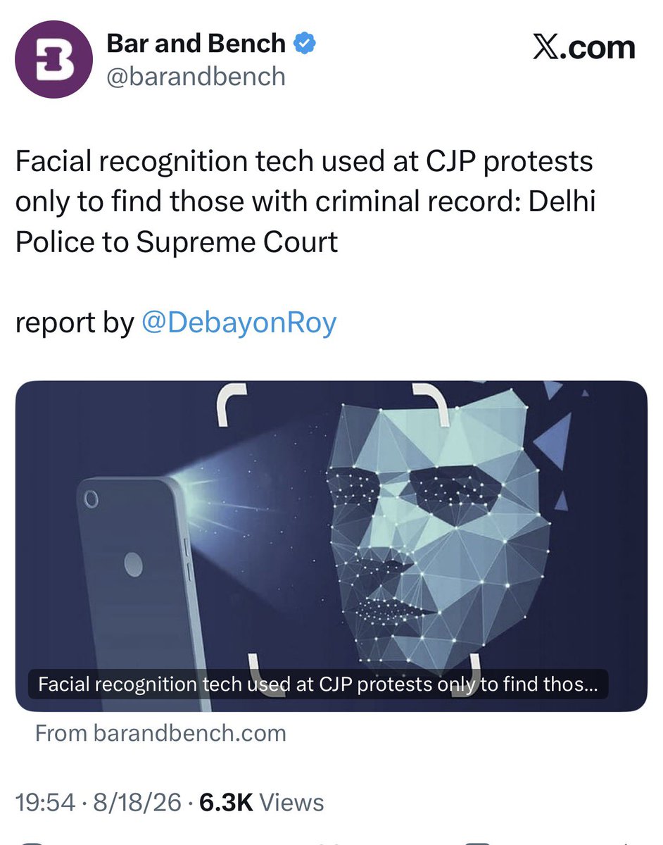 SaketGokhale's tweet photo. VERY IMPORTANT:

Delhi Police has admitted in the SC that facial recognition technology was deployed during the Jantar Mantar protests. 

Now for facial recognition to make a “match”, there needs to be an underlying database of photos+details of citizens. So where did Delhi Police get that database from?

In response to an RTI of mine in 2020, the Election Commission admitted that it had shared the entire voter list WITH PHOTOS with Delhi Police during the Delhi riots investigation. 

Interestingly, ECI’s own rules PROHIBIT sharing of photo electoral roll with ANY agency. And yet, the ECI broke its own rules in 2020 & handed over the data to Delhi Police. 

Therefore:

👉 Did ECI supply voter lists with photos to Delhi Police for their facial recognition database during Jantar Mantar protests? 

👉 What other agencies (Aadhaar, IT Dept, Transport Dept etc) have shared their database with Delhi Police to be used for facial recognition? 

👉 If no agency has provided any data, how is Delhi Police managing to conduct facial recognition on EVERYONE (not just those with a criminal record) during protests? 

There’s a reason that the Digital Personal Data Protection (DPDP) Act has NOT yet been fully notified despite being passed by Parliament in Aug 2023 (THREE YEARS AGO). 

It’s 2 simple questions really:

👉 Will the Delhi Police disclose what database it is using for facial recognition? 

👉 Will ECI & other bodies confirm whether they’re still providing photo databases to Delhi Police?