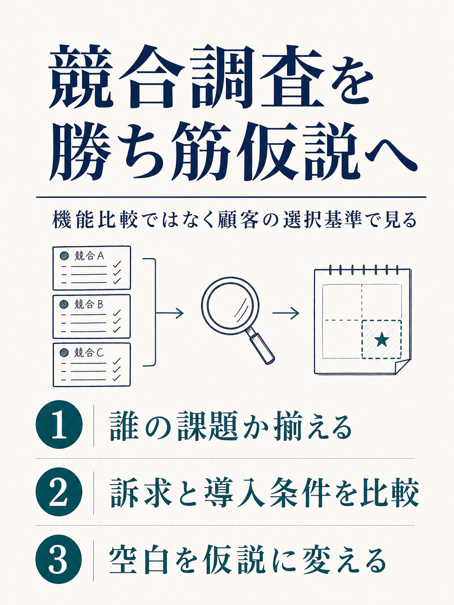 ForRyuri's tweet photo. 競合調査で機能と価格を並べても、選ばれる理由は見えません。

競合差ではなく「顧客の選択基準」で比較すること。誰のどの課題を起点にするかを揃え、訴求語・導入条件・証拠を記録し、未充足ニーズを検証仮説に変えます。

最初に確認すべきは、訴求でも導入条件でもなく顧客層です。 https://t.co/SBamOESVjo