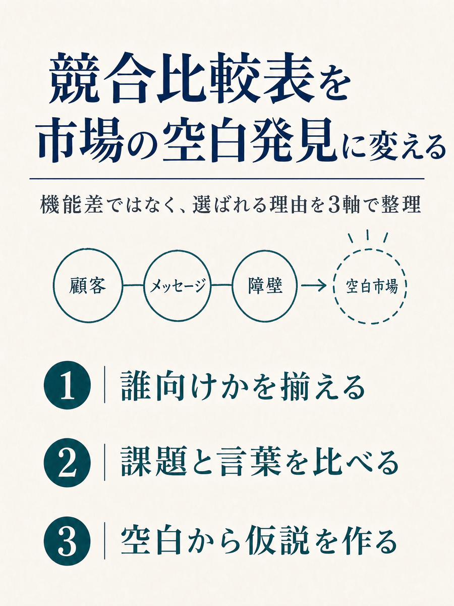 ForRyuri's tweet photo. 競合調査が機能・価格の一覧で止まると、市場の空白も自社が検証すべき仮説も見えません。

結論は、競合比較を「顧客課題・訴求・導入障壁」の3軸で揃えること。差分を優位性と断定せず、顧客に確認する仮説へ変換します。

比較しづらいのは、顧客課題・訴求・導入障壁の3軸です。 https://t.co/zKGGk5UR6Q