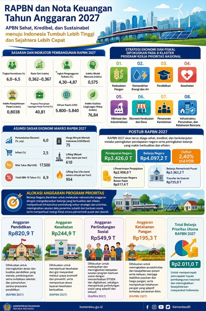 jokmul's tweet photo. Arsitektur RAPBN 2027 didesain tetap ekspansif, kolaboratif, terarah, serta terukur .

 Dalam Konferensi Pers RAPBN dan Nota Keuangan TA 2027, Menkeu Purbaya menyampaikan optimisme bahwa kinerja perekonomian nasional akan tetap solid dan terjaga serta APBN #UangKita https://t.co/EWxGtyyhUR
