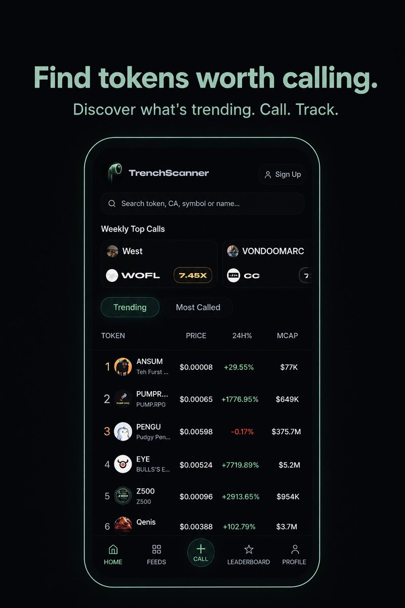 TrenchScanner_'s tweet photo. The Home page is where everything starts.

See what’s trending, what’s being called, and which tokens are getting attention.

We use @GeckoTerminal data for token discovery and charts. https://t.co/qYPPcxESEC