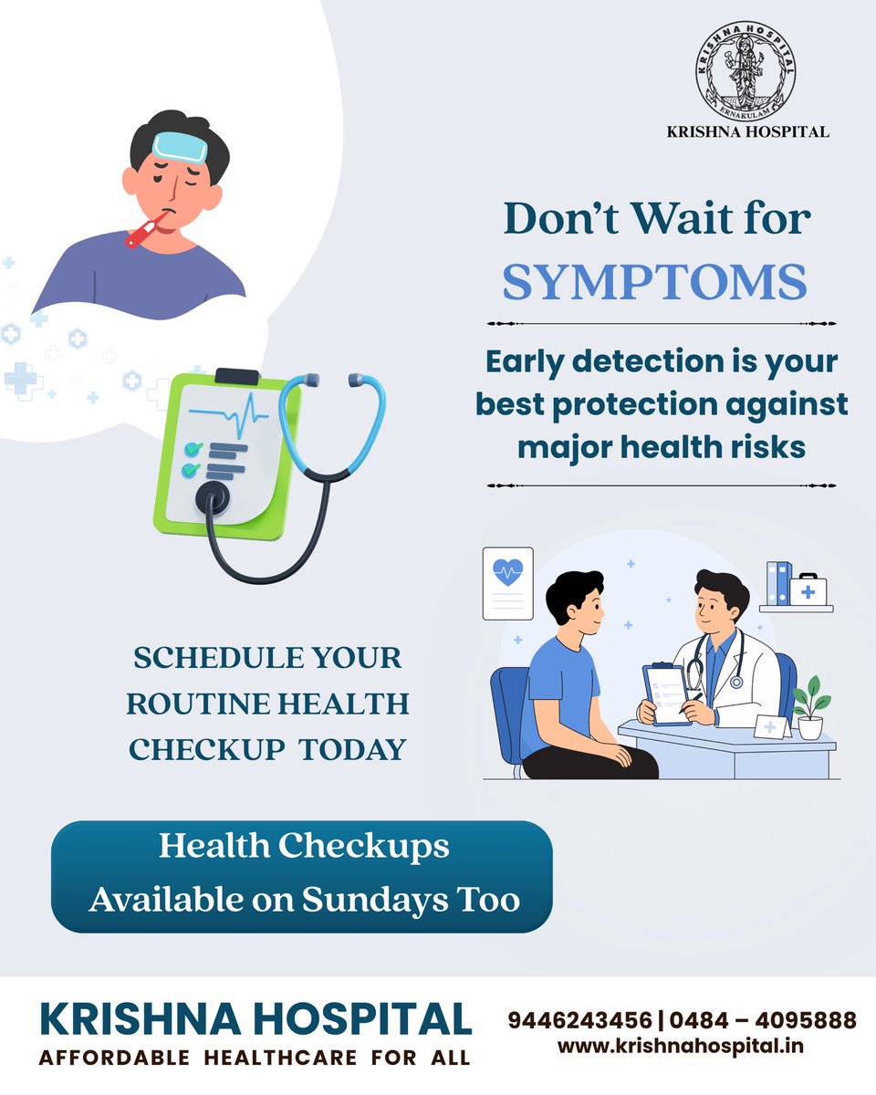 KrishnaEKM's tweet photo. Don’t wait for symptoms to take charge of your health. Prioritise early detection with regular health checkups at Krishna Hospital.  Health Checkups Available on Sundays Too!
#Kochi #healthylifestyle https://t.co/eRMpoX9W1s