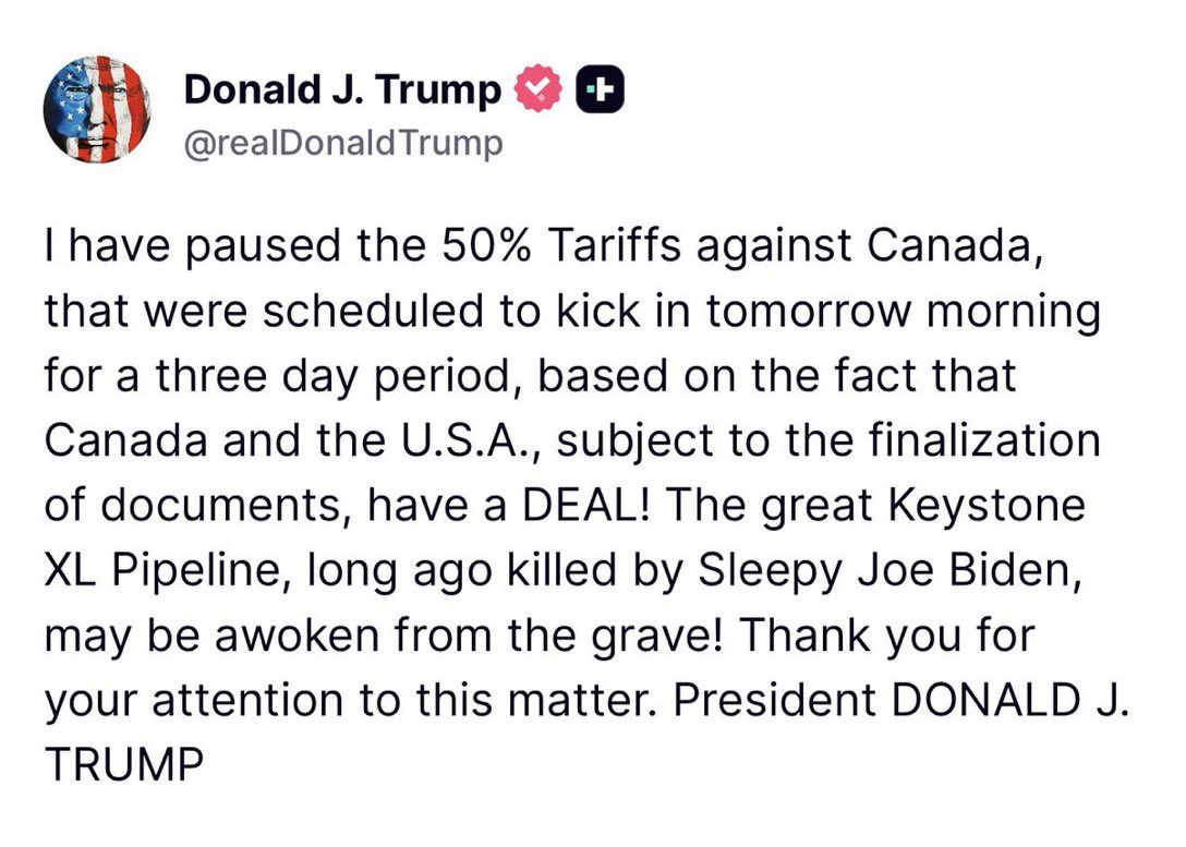 ConstitustionX's tweet photo. 🚨 BREAKING: HISTORY IS BEING WRITTEN RIGHT NOW!
President Trump just DROPPED a bombshell that will send shockwaves across the entire continent!
In a last-minute masterstroke that left the world stunned, the U.S. and Canada have sealed a DEAL — the devastating 50% tariffs scheduled to CRUSH Canadian goods at midnight TOMORROW have been SLAMMED ON PAUSE!
And that’s not even the biggest part…
The legendary Keystone XL Pipeline — the one Biden murdered and buried years ago — is about to RISE FROM THE GRAVE!
Energy dominance. American jobs. North American power. All of it is coming roaring back under Trump.
This is not just a trade deal.
This is a political earthquake.
The Golden Age just got louder. 🇺🇸🔥