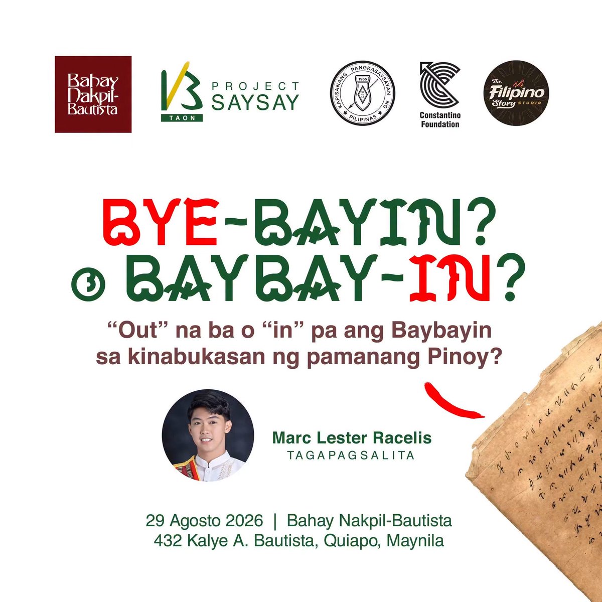 ConstantinoFdn's tweet photo. Bilang pakikiisa sa Buwan ng Kasaysayan at Buwan ng Wikang Pambansa ngayong Agosto, halina't muling balikan ang sinaunang paraan ng pagsulat, ang Baybayin. Sariwain natin kung "𝘽𝙔𝙀-BAYIN" na nga ba o "BAYBAY-𝙄𝙉" pa rin ba natin ang pamana na ito sa kasalukuyan. https://t.co/OKS8flxoeL