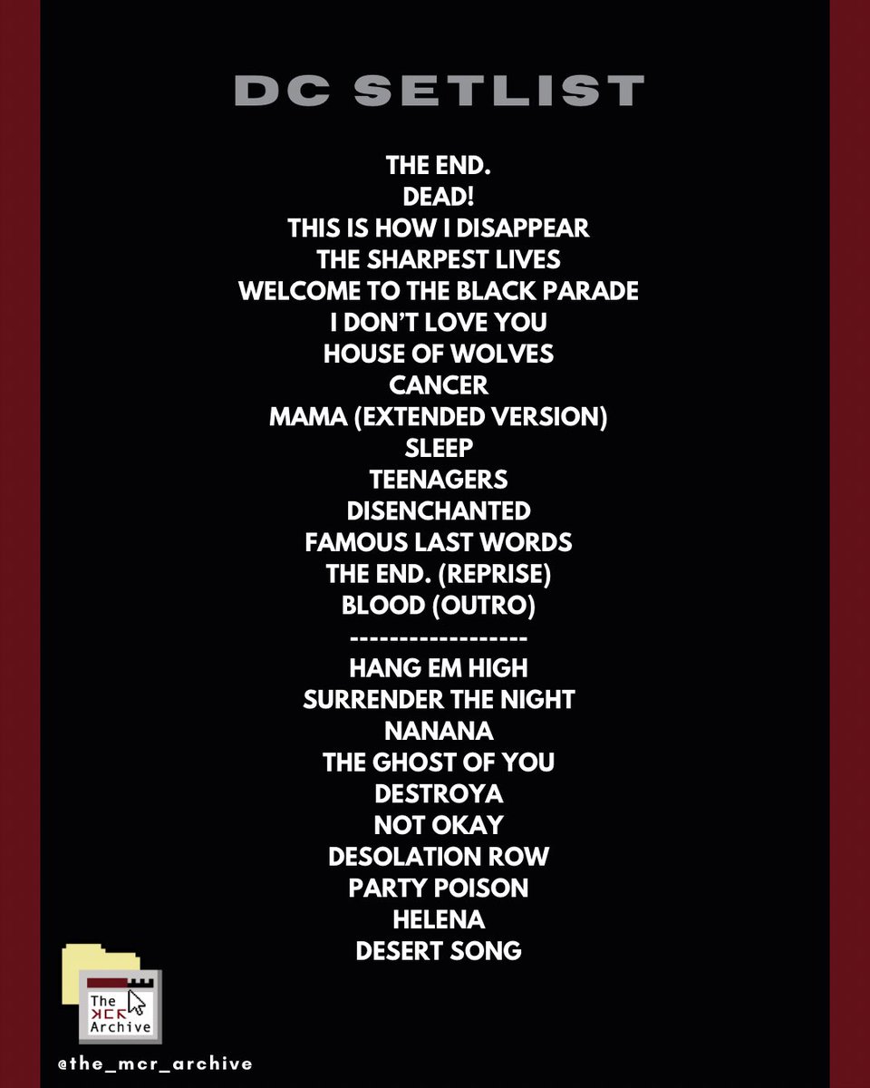 The_MCR_Archive's tweet photo. THE OFFICIAL SETLIST FOR #MCRDC! 

See you on Friday for #MCRDETROIT! https://t.co/P7h5x1N3jm