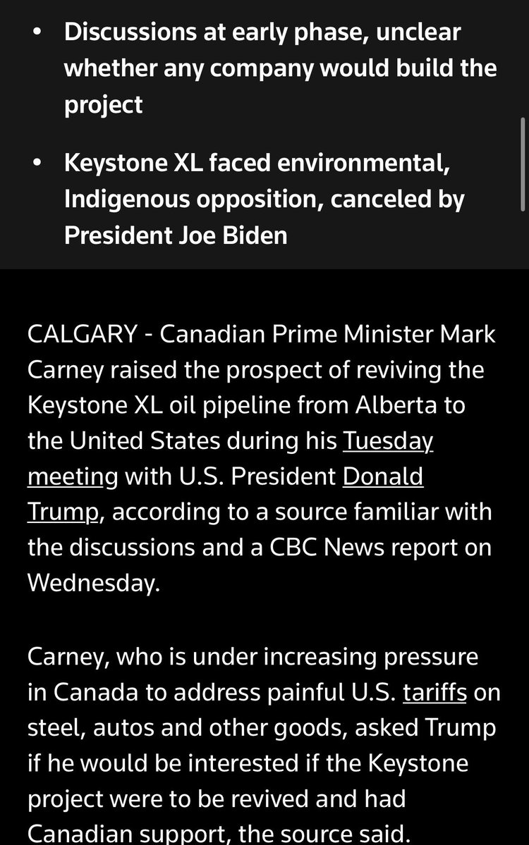 mirijoie's tweet photo. Keystone was already a go, and Carney was the one who initiated the conversation. Trump approved Bridger Pipeline’s permit to build it in April. Canada has always wanted to build this..

Anyway, a temporary win is a temporary win. https://t.co/FAGzhXMEdJ