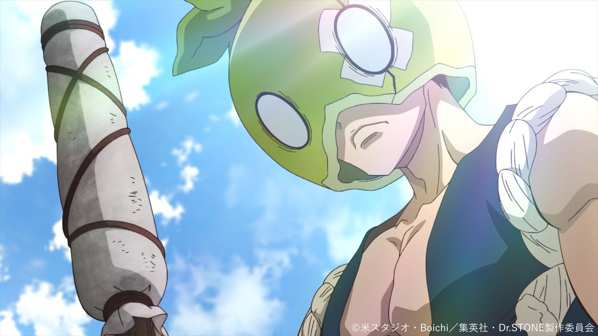 DrSTONE_exh's tweet photo. ━━━━━━━━━━━━━━━━ 🚀
　TVアニメ「Dr.STONE」展 開催記念
　　　 ストーリーを振り返り!!
🧪━━━━━━━━━━━━━━━

🧪第１期13話 「仮面の戦士」🧪
銀狼の決死の救出により、何とか最難関素材・硫酸をゲットした千空たち。ラボでのサルファ剤作りを一気に進めていく中、御前試合の優勝者には、サルファ剤に必要な最後の素材、酒が振る舞われる事を知った千空。急遽、銀狼と八百長試合を計画し、参加することに。ところが、運頼みだったトーナメント表は、思わぬ結果となってしまう！

「感謝するぞ 科学に スイカ 千空……！！」

🗨️この��数で好きなシーンは？
コメントや引用リポストで教えてください🪨

TVアニメ「Dr.STONE」展は2026��12月より東京で開催予定✨

#DrSTONE