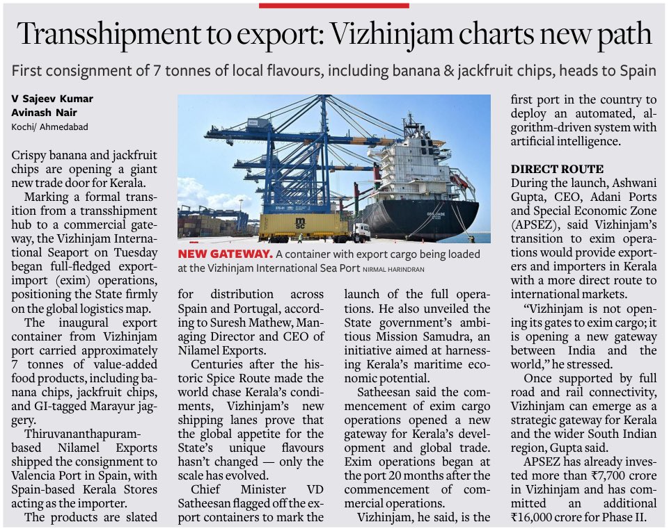 prasannavishy's tweet photo. Vizhinjam port is already moving beyond being a transshipment hub to becoming a genuine gateway for Kerala’s exports. via @businessline https://t.co/03W0k7BzDj