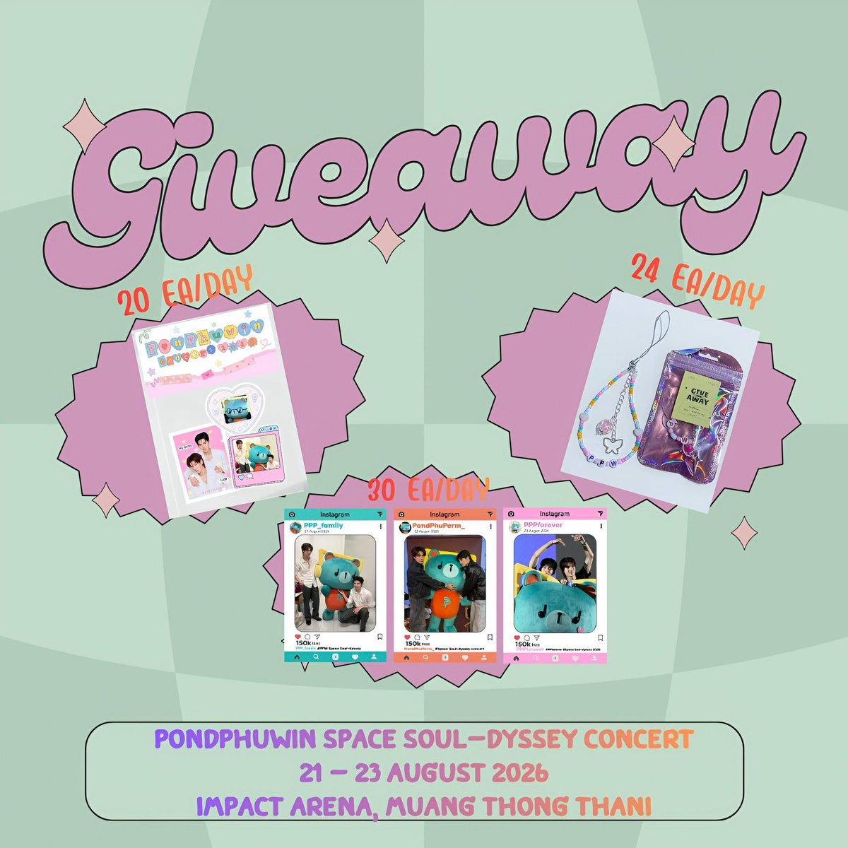 Lalitleee_girll's tweet photo. Pls kindly rt 🫶🏻✨
✨ 🌠🌍 Giveaway for POND PHUWIN Space Soul-dyssey  🚀🌌☄️
💫 Set Stricter 20 EA/DAY
🛸 Photo card IG 30 EA/DAY
👽 Random Mobile strap 24 EA/DAY
🗓️ 21-23 Aug 2026 
📍 Impact Arena
⏰ 12.00-16.00 every day
#PondPhuwinConcert 
#ปอนด์ภูวินทร์ #PondPhuwin https://t.co/pip93uoqBG